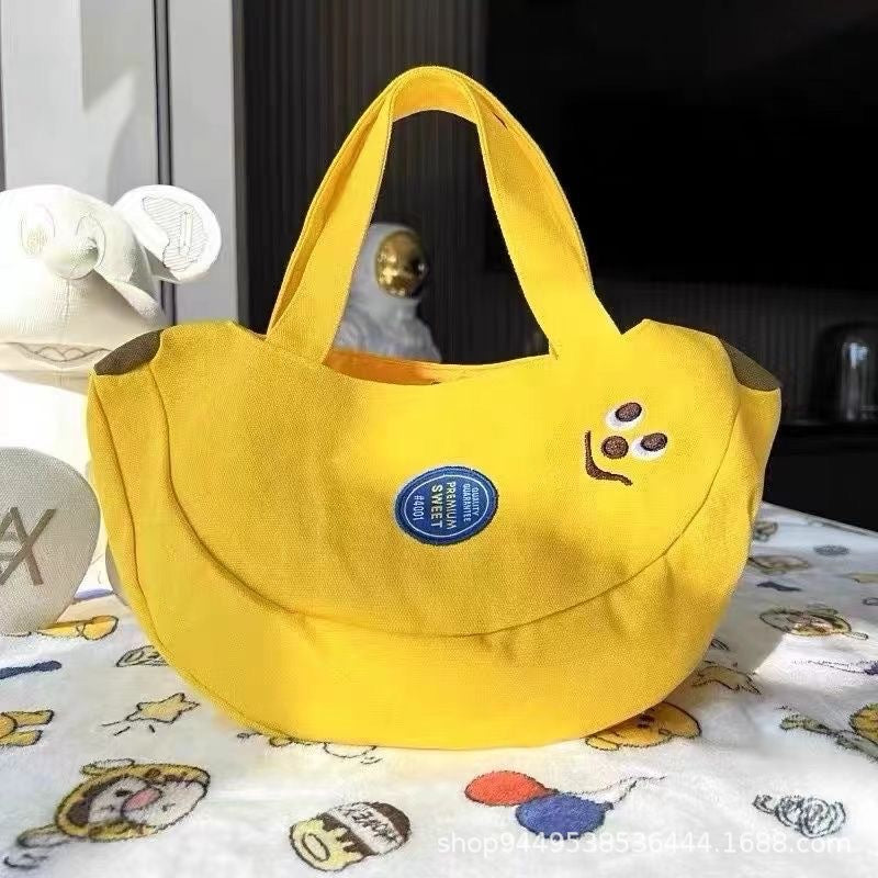 Cute Cartoon Embroidery Canvas Handbag for Daily Use, Soft Shell Shape with Magnetic Closure and Dual Handles