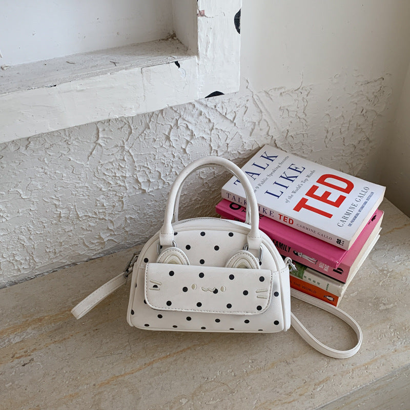 Cute Polka Dot Boston Bag with Embroidered Ears and Charm Pendant, Fashionable Crossbody Handbag for Women