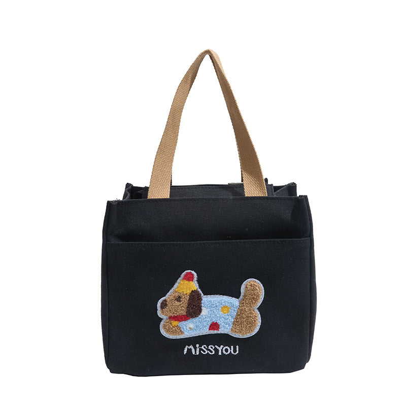 Cute Embroidered Dachshund Canvas Tote Bag for Women, Simple Daily Use Handbag with Phone Pocket and Zipper Closure