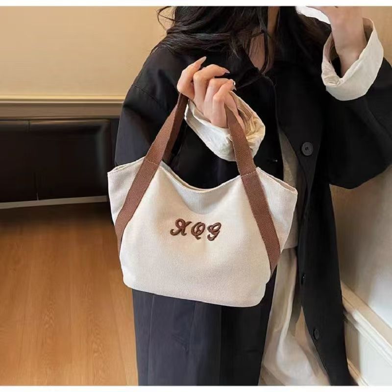 2025 New Simple Canvas Tote Bag with Embroidery Design for Daily Commute and Lunch Carry