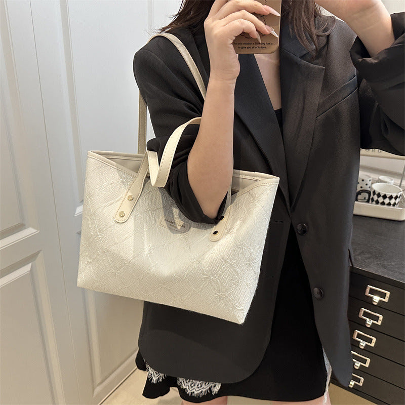 New Fashion Ladies Large Capacity Totes Light Luxury Embossed Design Soft Pu Material All-Match Shoulder Handbag Daily Commuting Essential