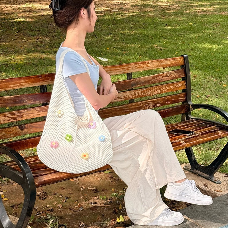 Women's Shoulder Bag Hollow Knitted Flower Tote Bag Women's Idle Style Shoulder Bag Everyday Joker Fashion Woven Bag