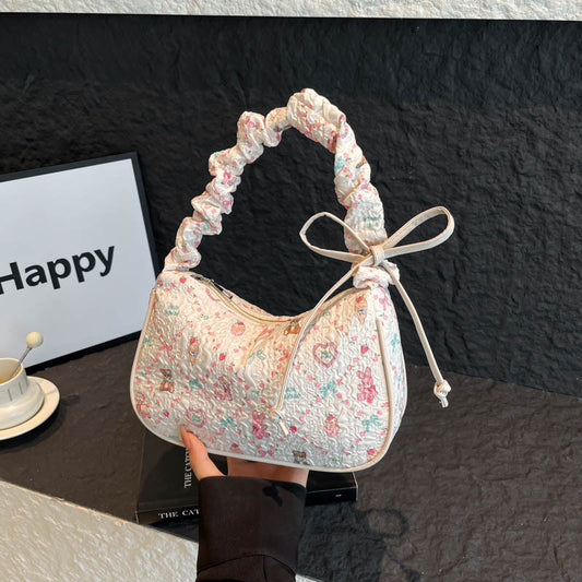 Cute Floral Quilted Crossbody Bag with Bow Detail for Women, Stylish Everyday Shoulder Bag with Zipper Closure and Inner Pockets