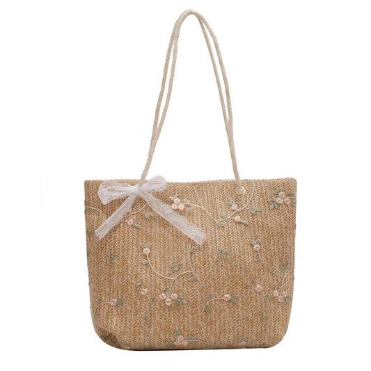 New Korean Style Women's Tote Straw Lace Embroidered Shoulder Bag Large Capacity Fashion Bucket Bag Women's Everyday Joker Handbag