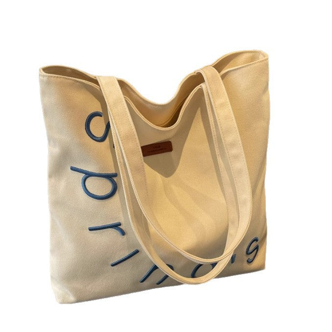 Spring Letter Embroidery Canvas Tote Bag for Women, Casual Large Capacity Shoulder Bag with Zipper Closure and Phone Pocket