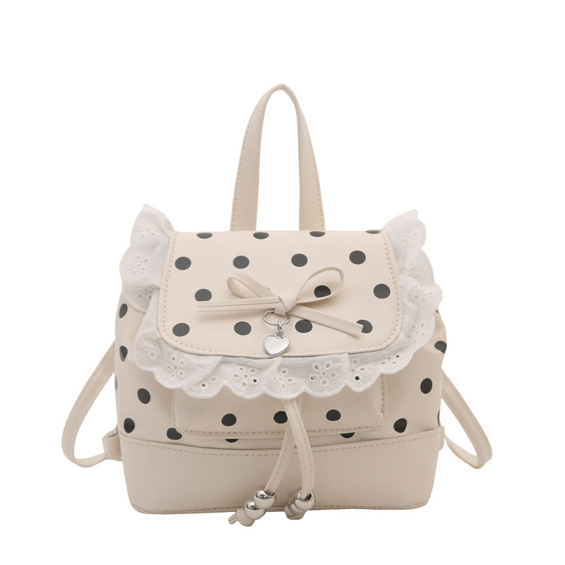 Cute Polka Dot Backpack with Lace Trim and Bow Detail for Girls and Students