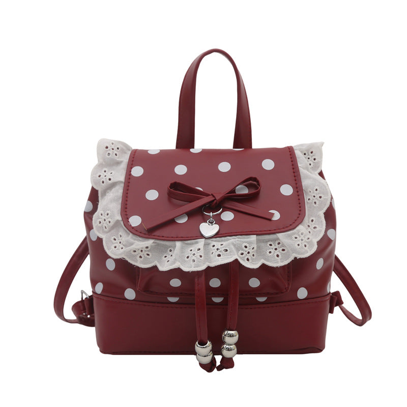 Cute Polka Dot Backpack with Lace Trim and Bow Detail for Girls and Students
