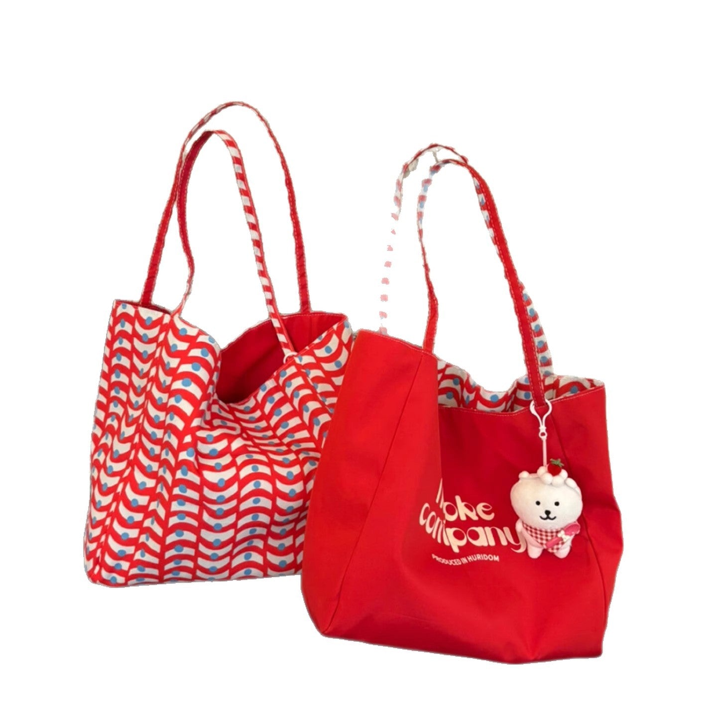 2025 New Large Capacity Reversible Tote Bag with Wave Pattern and Cute Bear Charm, Casual Urban Style for Daily Use
