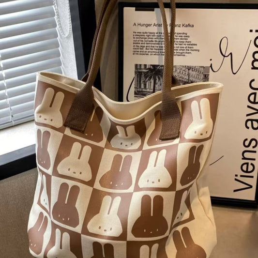 Large Capacity Rabbit Print Canvas Tote Bag for Women, Stylish Summer Shoulder Bag with Phone Pocket, Perfect for School and Commuting