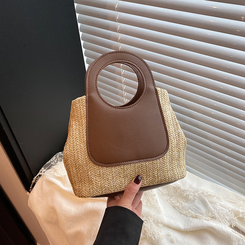 Summer Retro Color Contrast Patchwork Straw Bag Large Capacity Hand-Woven Bag Simple Fashion Shoulder Handbag