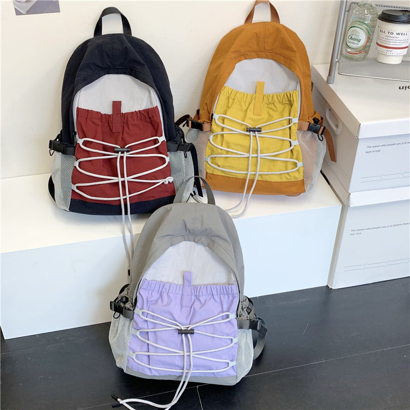 Lightweight Contrast Color Backpack Breathable Drawstring Front Bag Leisure Travel Backpack