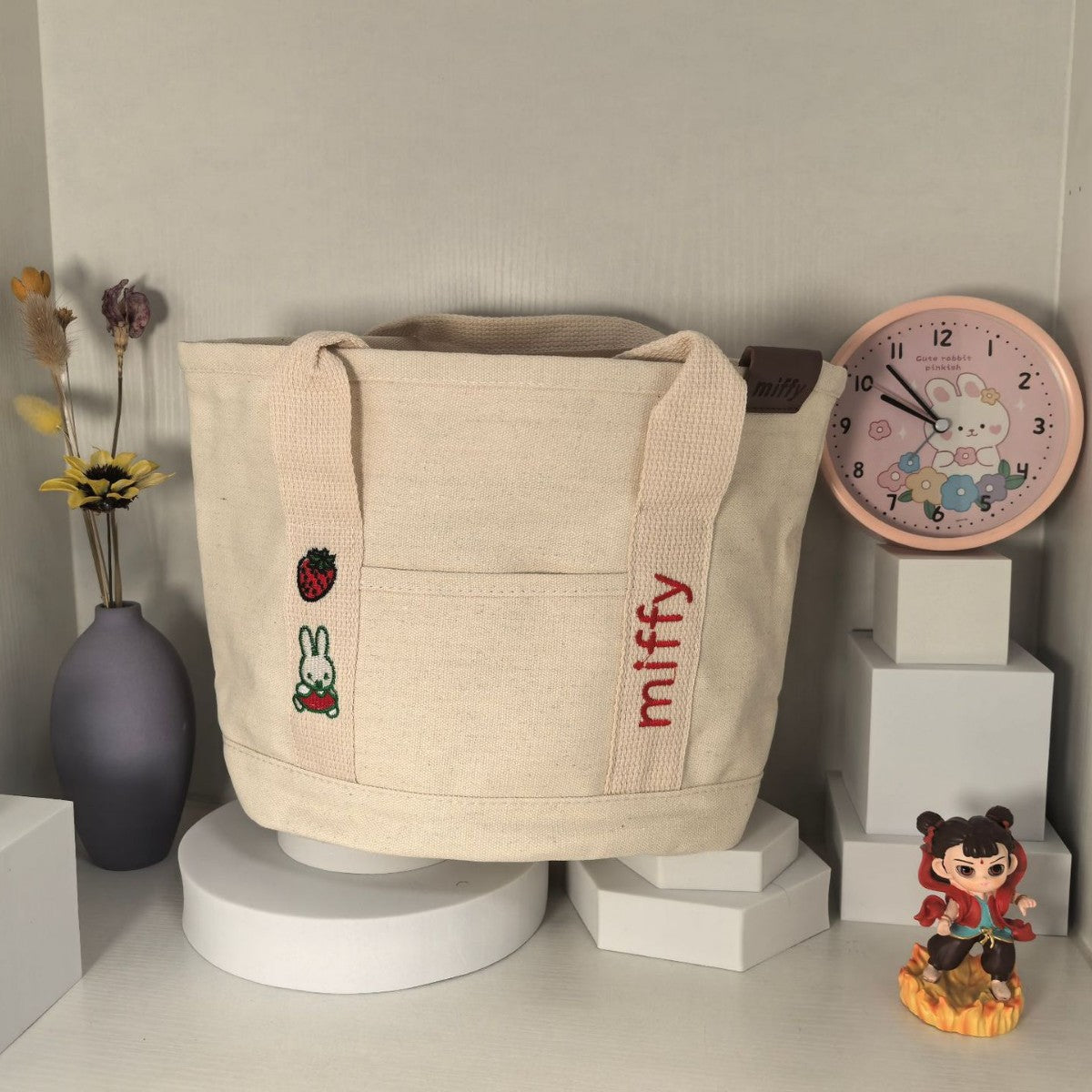 Miffy Cartoon Canvas Tote Bag for Women, Casual Everyday Handbag with Zipper Closure and Phone Pocket