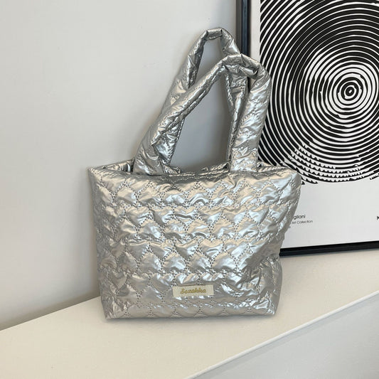 Quilted Tote Bag with Love Design Soft PU Material Daily Fashion Handbag for Women