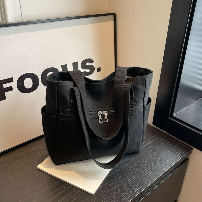 Korean Style Minimalist Canvas Tote Bag with Zipper Closure, Large Capacity Everyday Shoulder Bag for Women