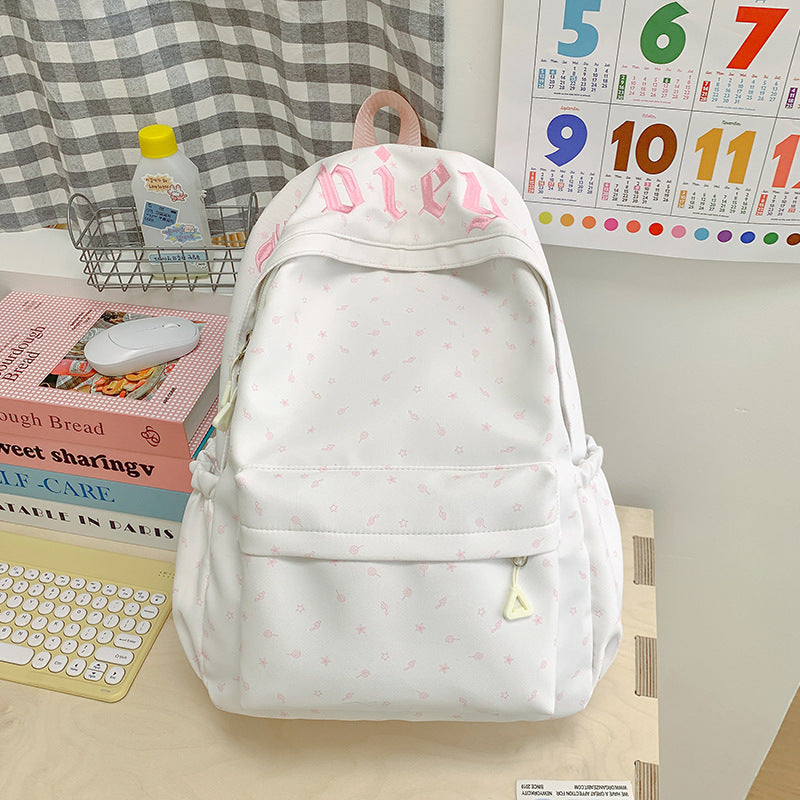 Cute Pink Letter Embroidery Backpack with Plush Keychain for Girls - Stylish and Functional School Bag