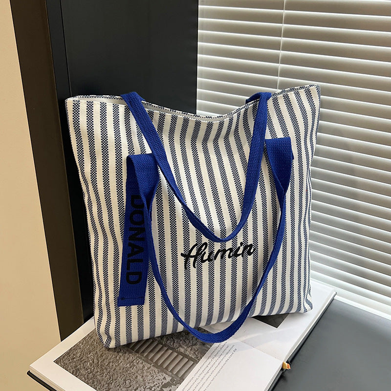 Summer Stripes Canvas Bag for Women New Large Capacity Tote Korean Style Shoulder Commuter Tote