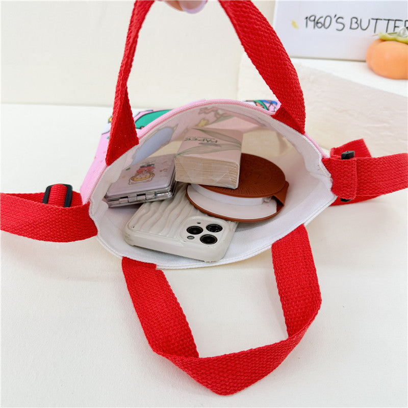 Cute Cartoon Canvas Tote Bag for Kids with Adjustable Strap, Perfect for Daily Outings and Playtime