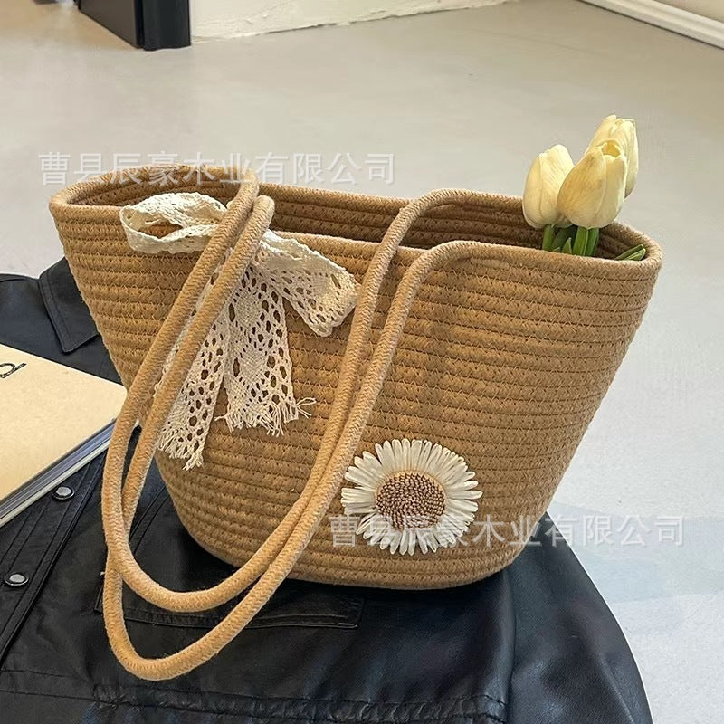 Women's Shoulder Bag Handmade Cotton String Woven Tote Bag Flower Decoration Large Capacity Commuter Travel Beach Handbag
