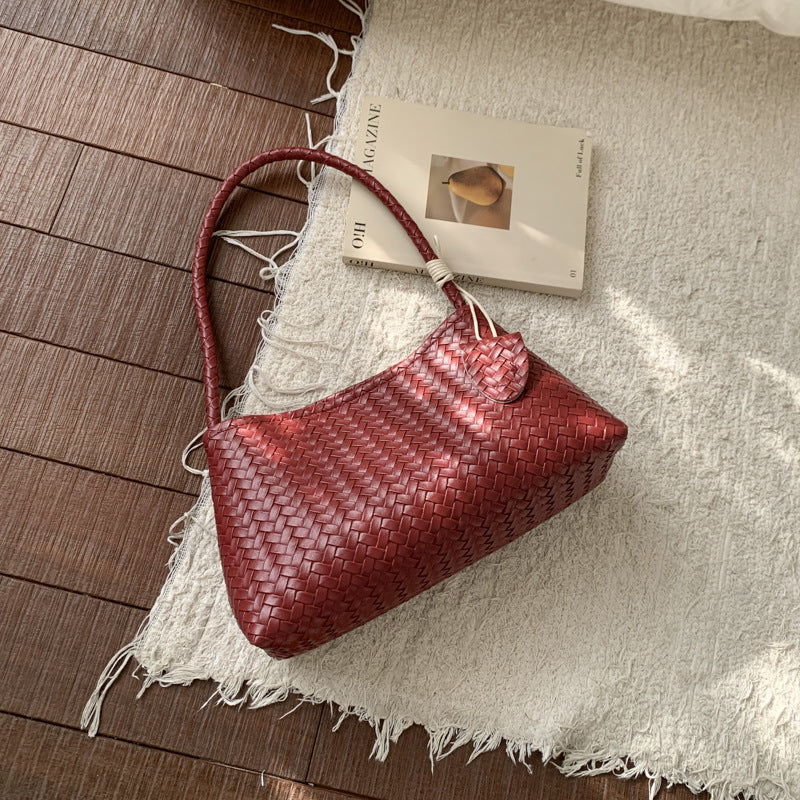 Elegant Woven Texture Handbag for Women, Soft PU Material, Urban Minimalist Style with Zipper Closure