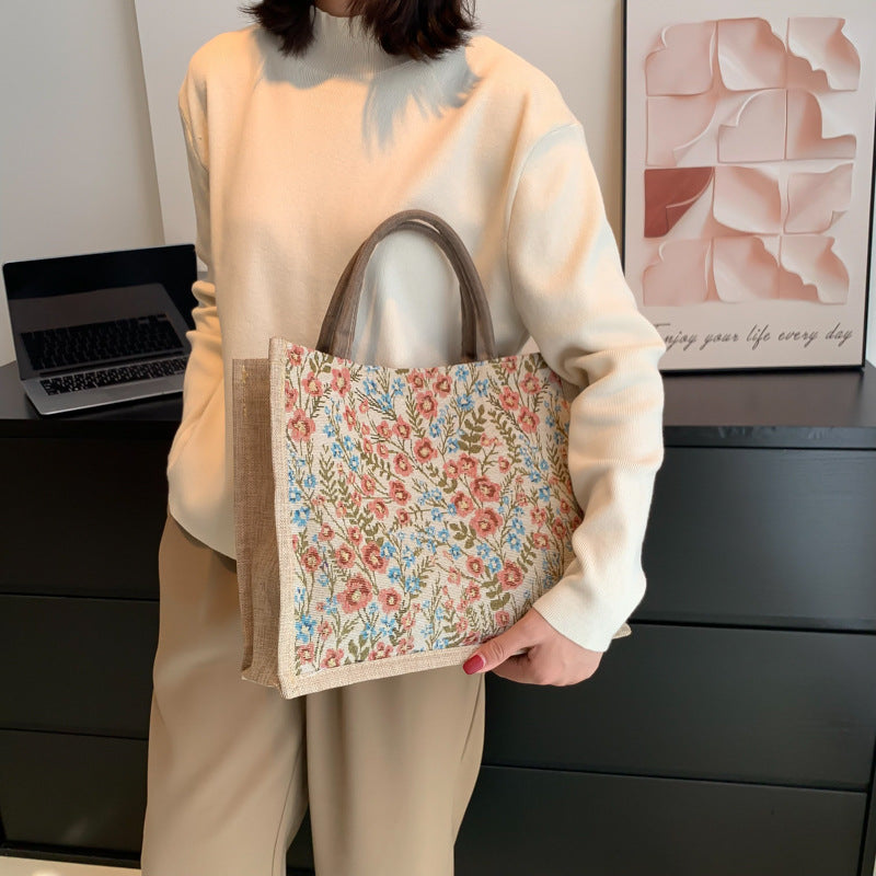 Chic Floral Tote Bag for Women - Soft Cotton Linen Material, Vintage Style with Magnetic Closure and Inner Zip Pocket