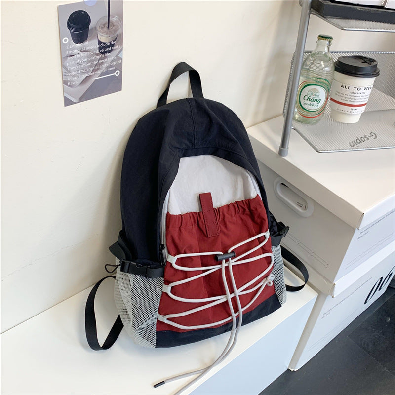 Lightweight Contrast Color Backpack Breathable Drawstring Front Bag Leisure Travel Backpack