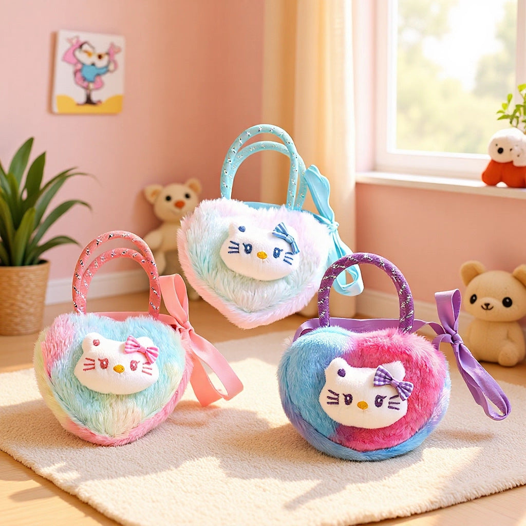 Cute Cartoon Kitty Fuzzy Heart-Shaped Backpack for Kids, Soft Plush Design with Bow Handle, Perfect for Daily Use and Storage