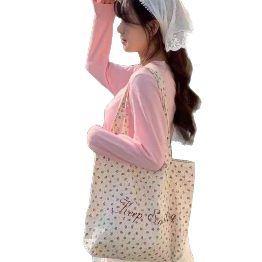 French Floral Letter Canvas Women's Tote Large Capacity Shoulder Bag Women's Leisure Travel Commuter's All-Matching Fashion Style