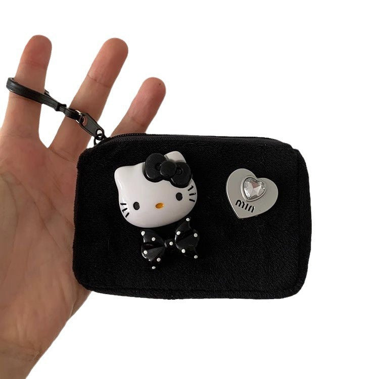 Cute Fluffy Hello Kitty Mini Wallet with Heart Charm - Soft Zipper Card Holder for Earphones and Cards, Perfect for Couples