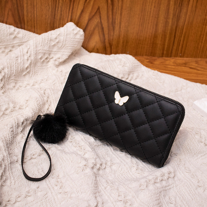 2023 Fashionable Quilted Wallet with Butterfly Charm and Pom-Pom, Multi-Card Slots for Everyday Use