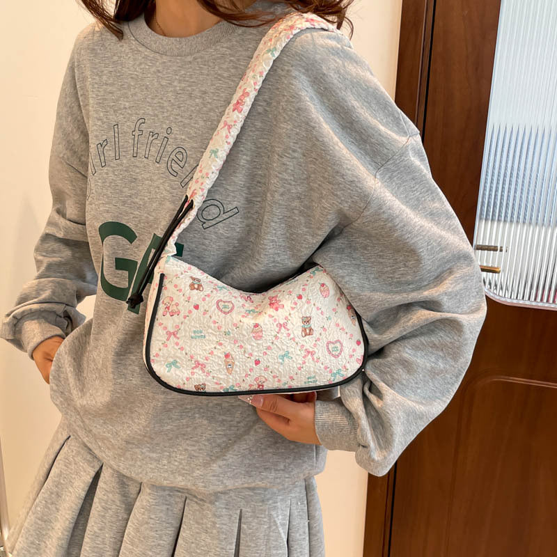 Cute Floral Quilted Crossbody Bag with Bow Detail for Women, Stylish Everyday Shoulder Bag with Zipper Closure and Inner Pockets