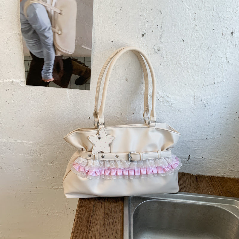 Elegant Ruffle Design Tote Bag with Belt Detail and Star Charm for Daily Use