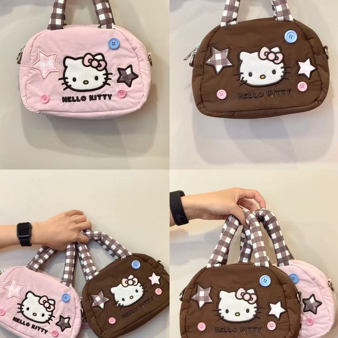 Cute Hello Kitty Quilted Crossbody Bag with Star Applique and Checkered Strap for Daily Use