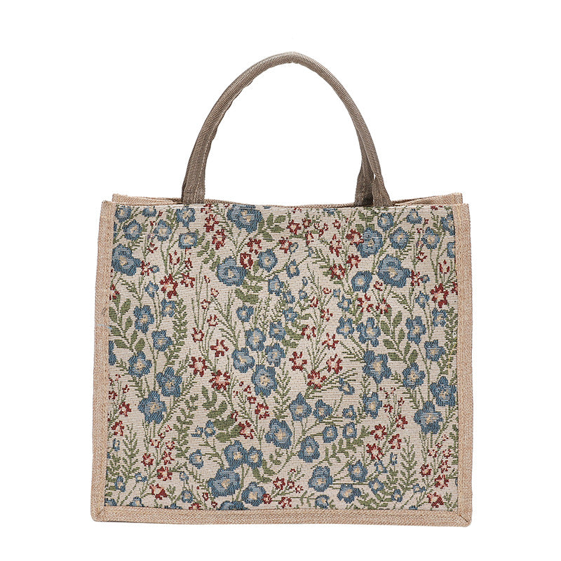 Chic Floral Tote Bag for Women - Soft Cotton Linen Material, Vintage Style with Magnetic Closure and Inner Zip Pocket