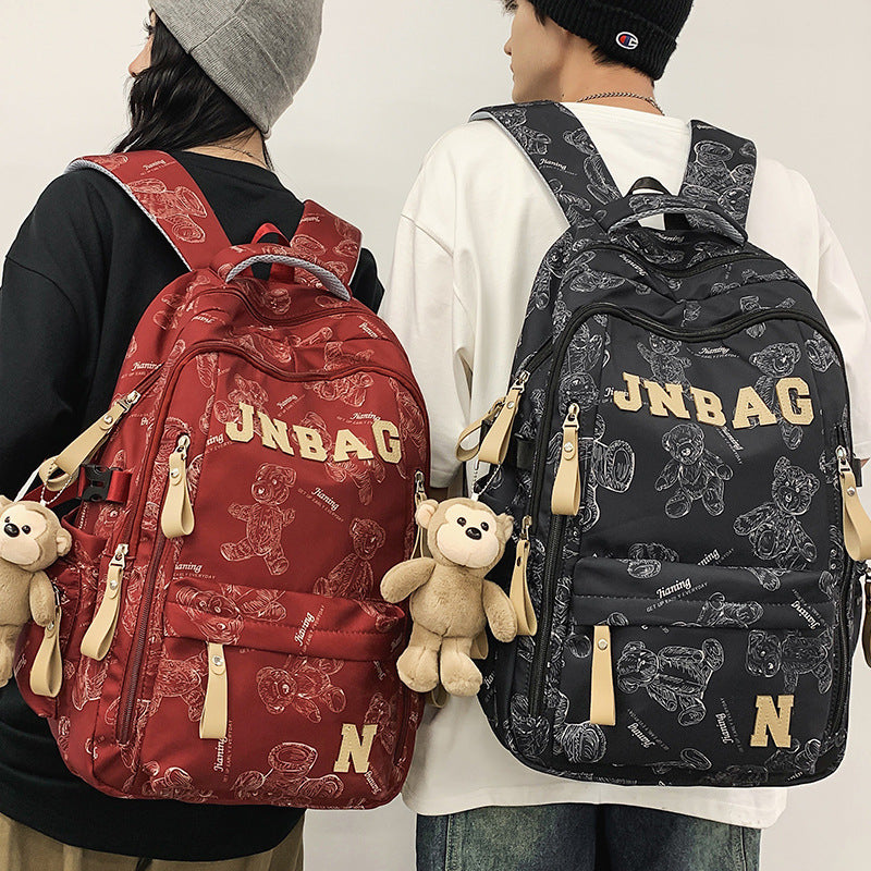 Fashionable Letter Print Backpack for Kids and Students, Breathable Nylon School Bag with Cute Bear Pattern