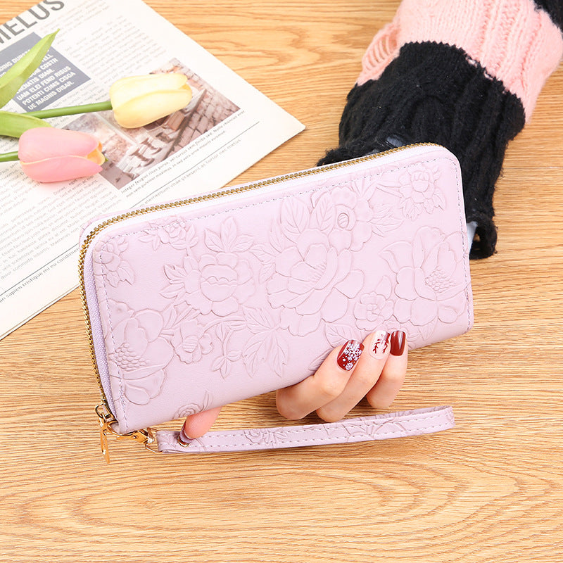 Elegant Floral Embossed Long Zipper Wallet with Phone Pocket and Multiple Compartments for Women