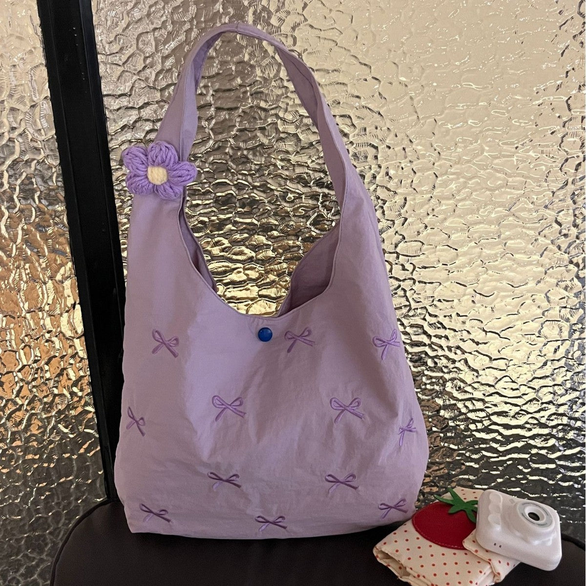 Stylish Embroidered Tote Bag with Bow Details - Large Capacity Shoulder Bag for Daily Use and Travel
