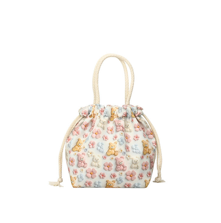 Makeup Bucket Mobile Phone Bag Female Sweet Fresh Pastoral Style Printed Tote Bag Lightweight Drawstring Bundle Bag