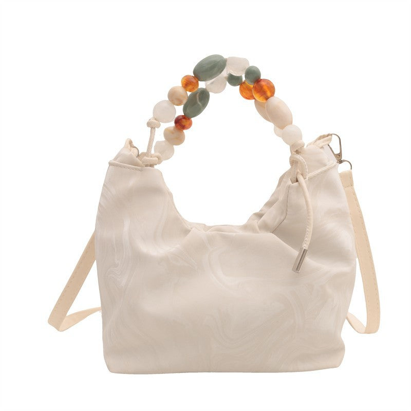 Elegant Marbled PU Bucket Bag with Beaded Handle, Minimalist Crossbody Design for Daily Wear