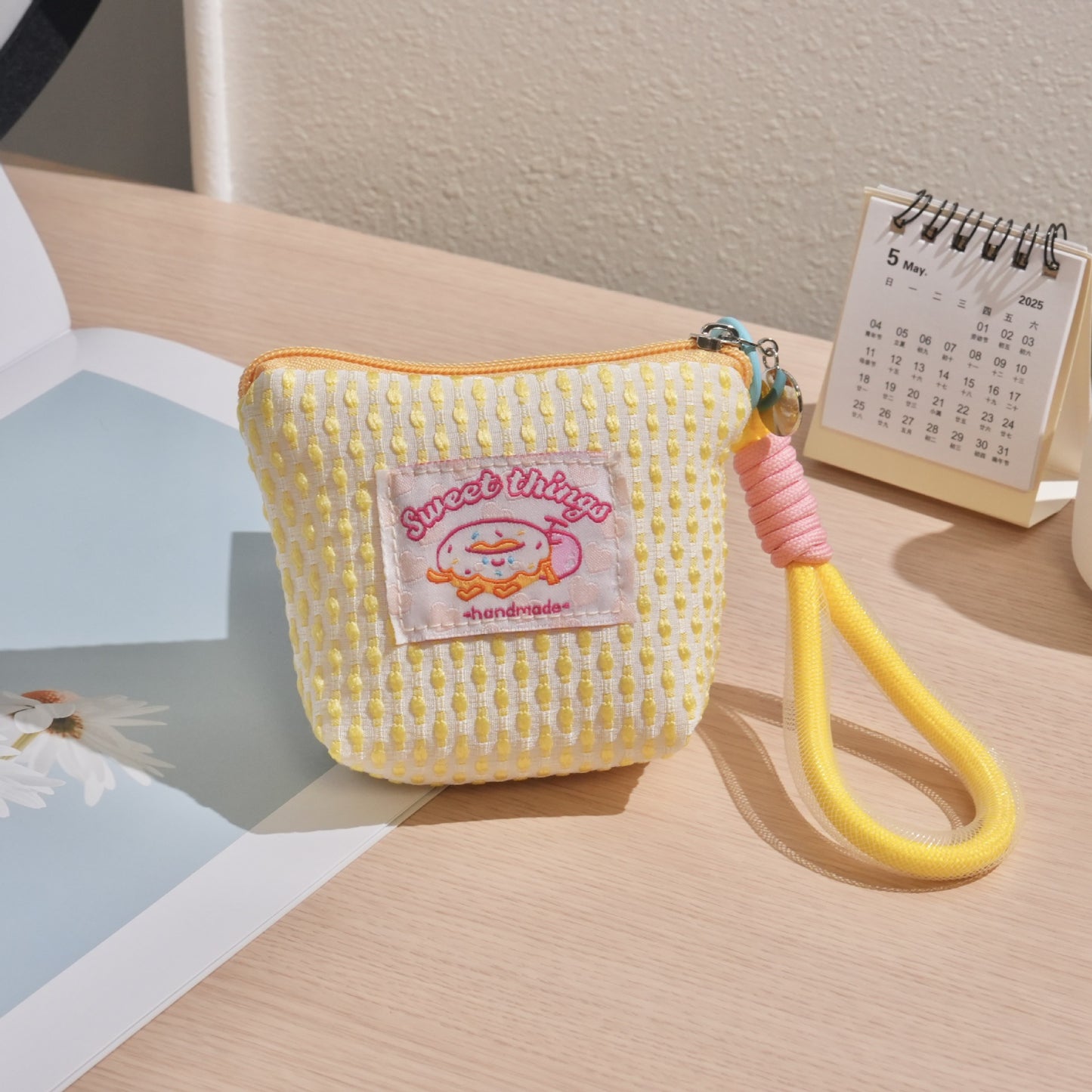 Cute Mini Wallet with Rainbow Patch and Wrist Strap, Lightweight Breathable Canvas Pouch for Daily Essentials