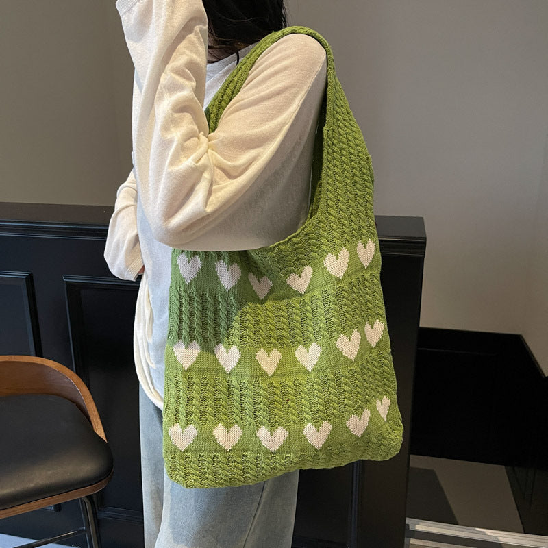 Women's Shoulder Bag Love Pattern Knitted Tote Bag Soft Handmade Shoulder Bag Daily Matching Fashion Tote Bag