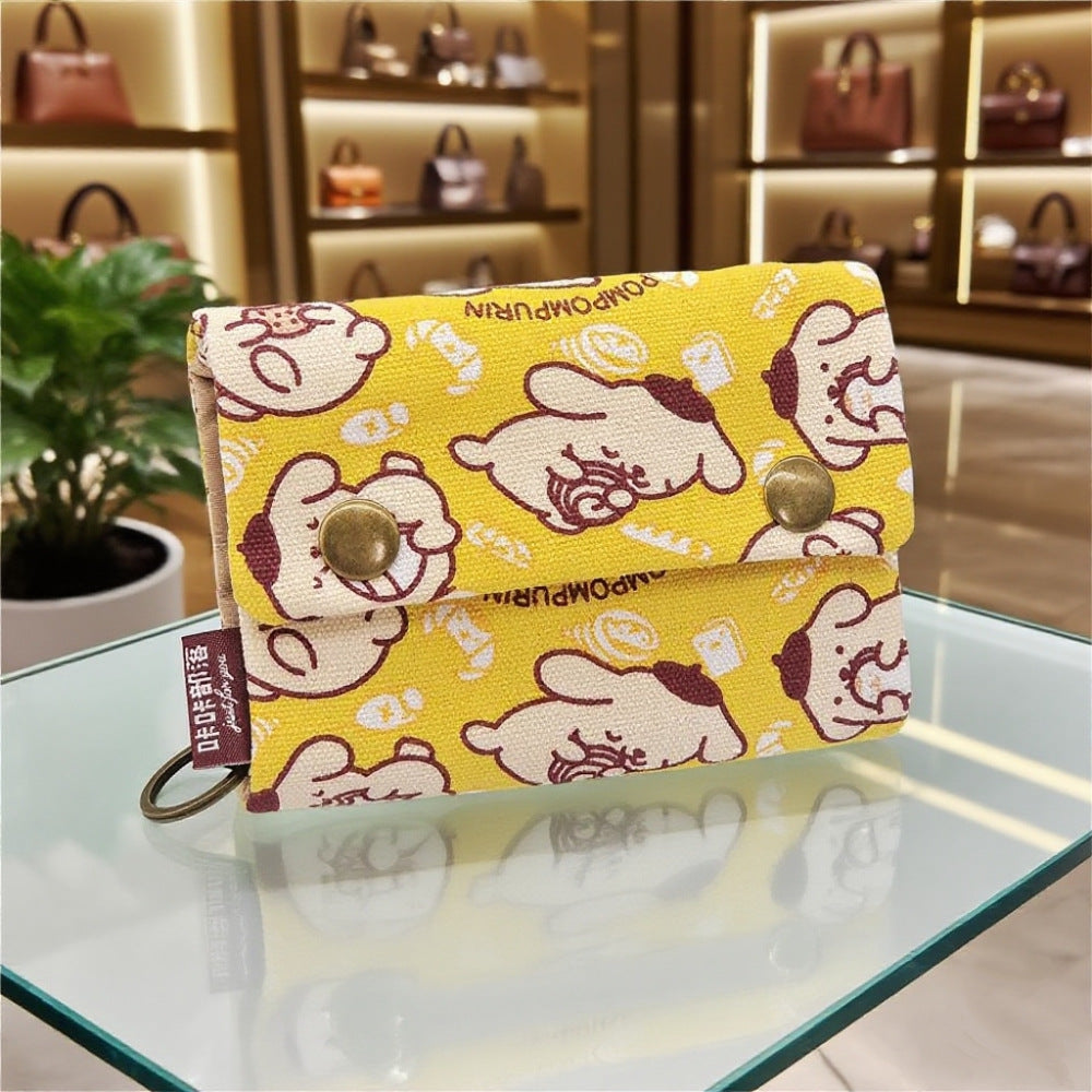 Creative Cartoon Printing Tri-Fold Denim Canvas Wallet Simple Canvas Card Holder Key Case for Both Men and Women