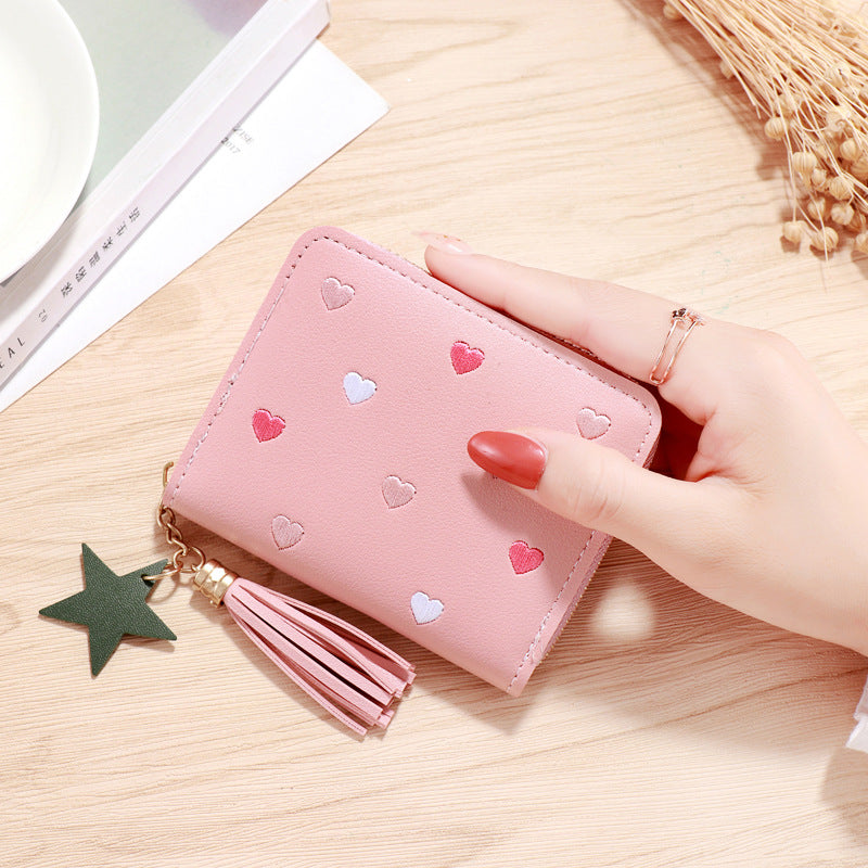Cute Heart Embroidery PU Wallet for Women with Tassel Charm and Star Pendant, Compact Card Holder for Daily Use