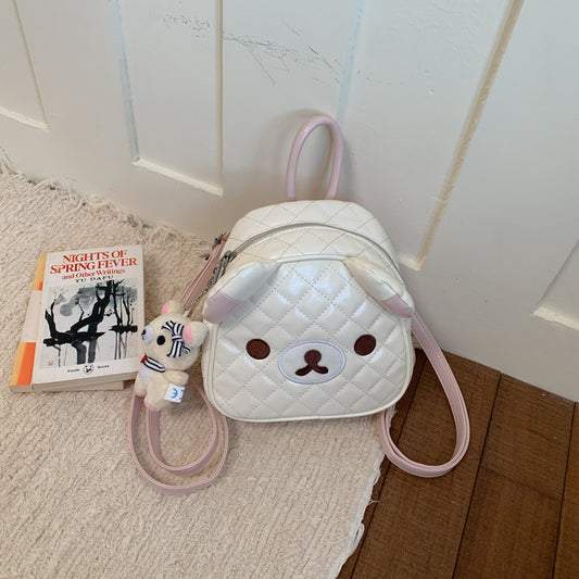 Cute Cartoon Bear Backpack with Quilted Design and Detachable Plush Charm for Daily Use