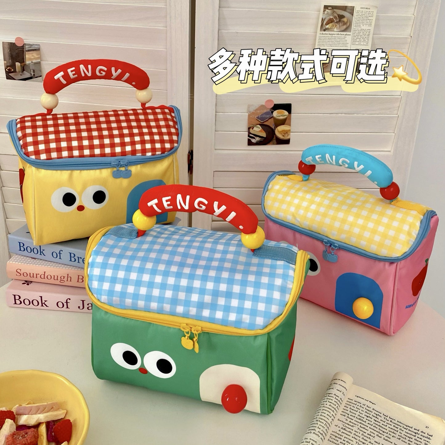Cute Cartoon Cat Lunch Bag with Lucky Handle, Portable Insulated Food Storage Pouch for Daily Use