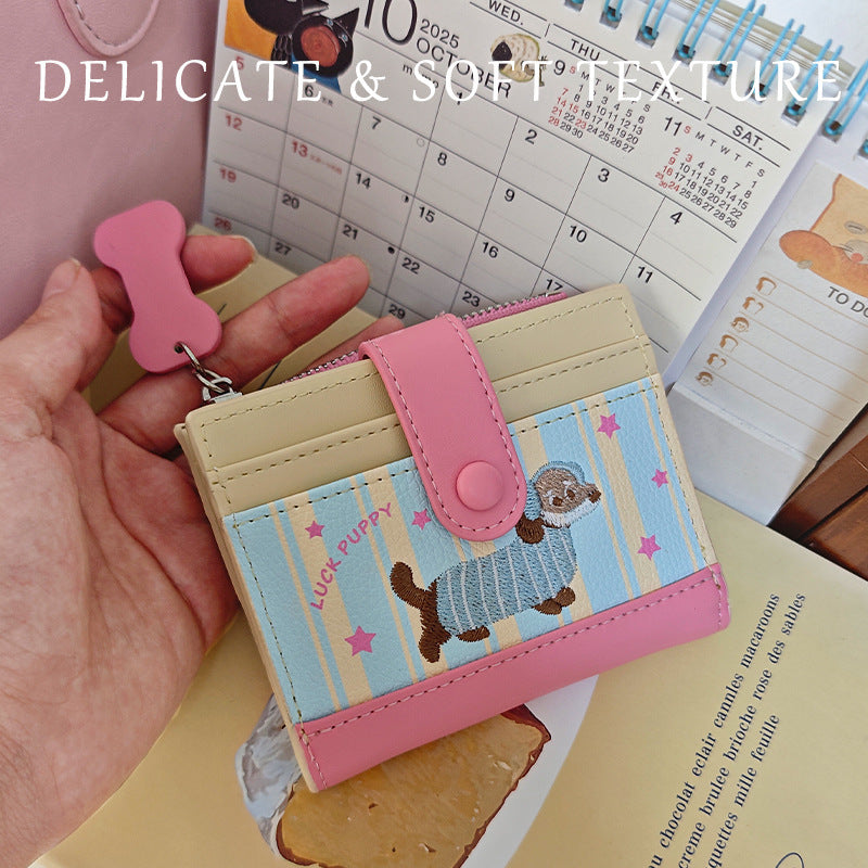 Cute Dachshund Card Holder with Embroidery Design, Waterproof PU Wallet for Women, Fashionable Daily Use