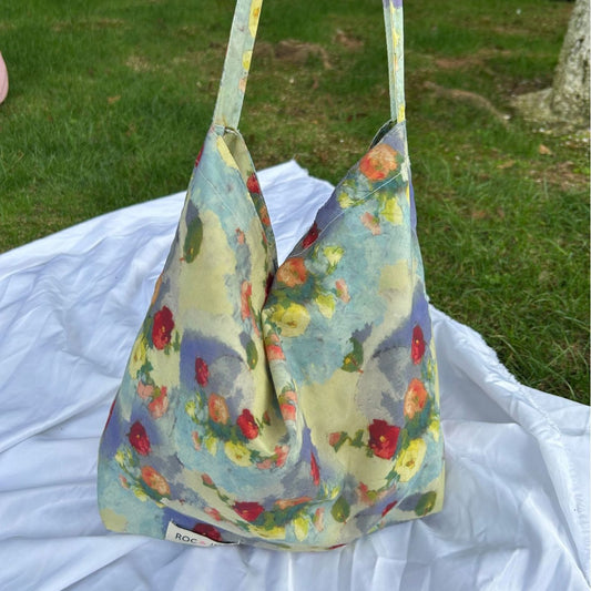 Vintage Oil Painting Floral Cotton Tote Bag, Casual Travel Style with Soft Handle and Inner Pocket