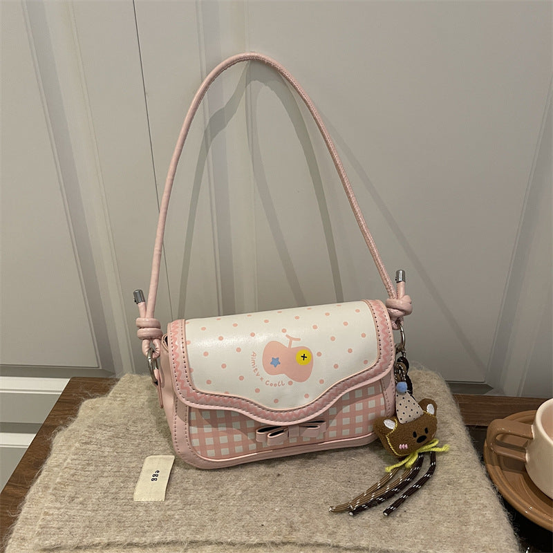 Cute Apple Small Square Bag Urban Simple Style Plaid Bow Design Fashionable All-Match Shoulder Messenger Bag
