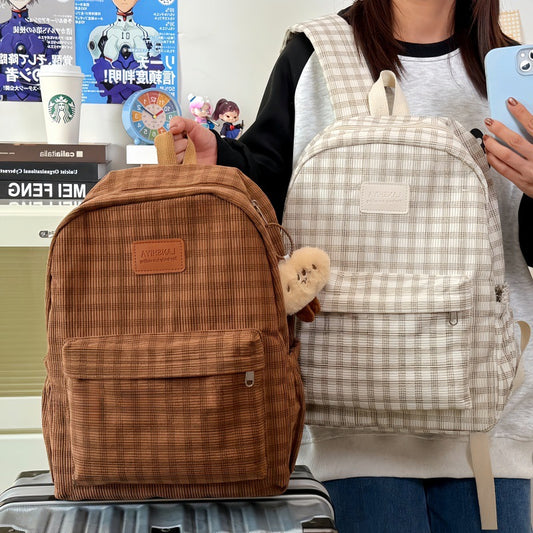 Retro Plaid Corduroy Backpack with Breathable Design for Students, Lightweight and Stylish School Bag with Adjustable Padded Straps