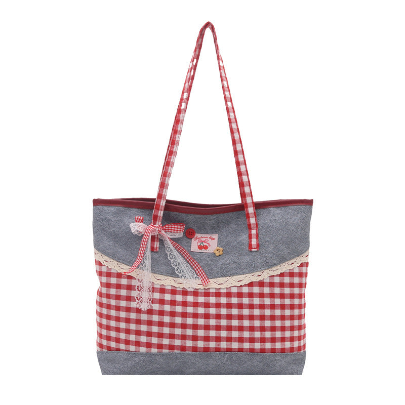 2025 New Korean Style Lace Checkered Tote Bag for Women, Casual Everyday Shoulder Bag with Large Capacity and Fashionable Design
