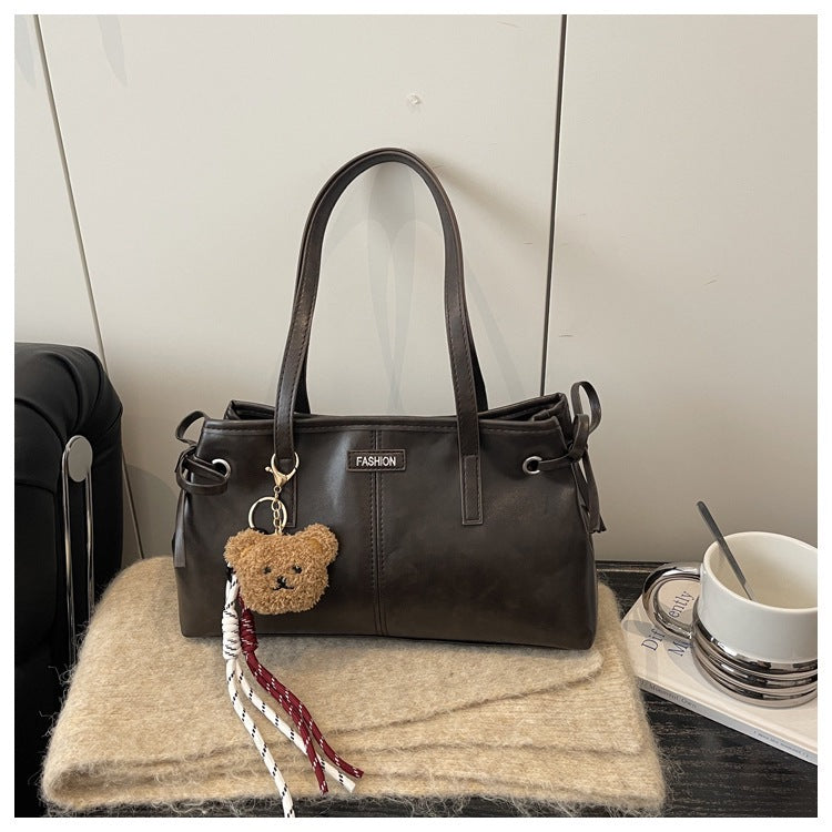 2025 New Fashion Vintage PU Tote Bag with Bear Charm, Large Capacity Shoulder Crossbody Bag for Daily Use